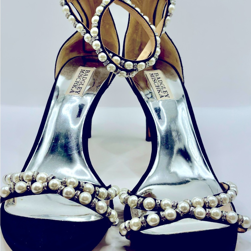 Badgley Mischka, black satin sandal, pearl and rhinestone, size 9.5